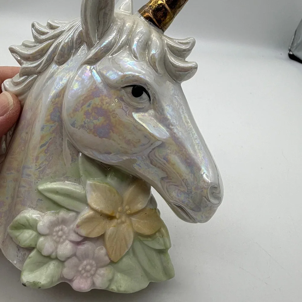 VTG Iridescent Ceramic Unicorn‎ Head Bust Gold Horn Pastel Floral Figurine